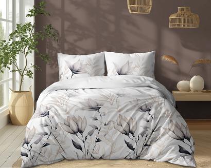 Pościel bawełniana 160x200 Detexpol biała beżowa grafitowa w lilie i trawy