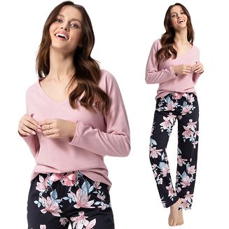 Piżama damska LUNA kod 614 pudrowy róż / granatowe spodnie w kwiaty magnolii