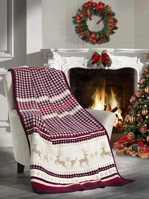 Koc świąteczny narzuta CHRISTMAS CHECK 150x200 bordowy biały kurza stopka renifery