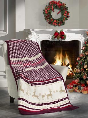 Koc świąteczny narzuta CHRISTMAS CHECK 150x200 bordowy biały kurza stopka renifery