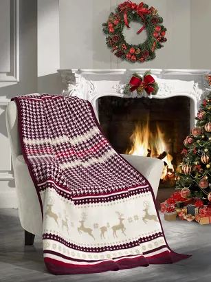 Koc świąteczny narzuta CHRISTMAS CHECK 150x200 bordowy biały kurza stopka renifery
