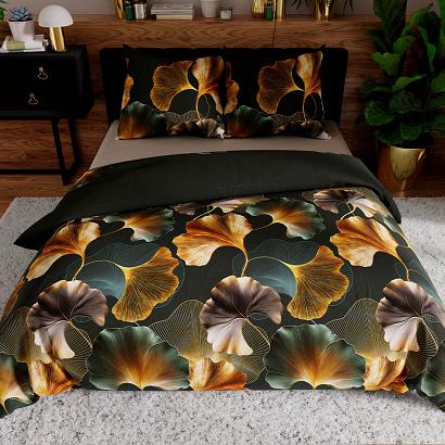 Komplet pościeli MARISEL z bawełny satynowej 220x200 zielona ruda liście miłorzębu