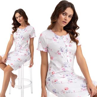 Koszula damska LUNA kod 45 biała różowe fiołkowe kwiaty