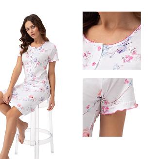 Koszula damska LUNA kod 45 biała różowe fiołkowe kwiaty