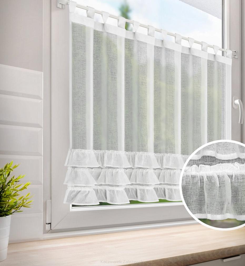 Firana gotowa na szelkach zazdrostka LILIAN 150x90 Eurofirany biała zdobiona falbankami
