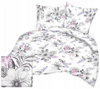 Pościel satyna korowana 160x200 duże szare kwiaty na bieli