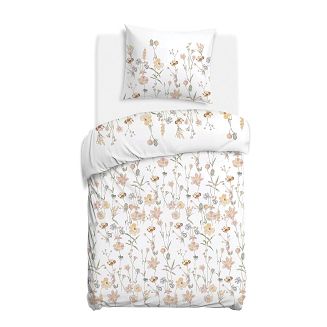 Pościel satyna bawełniana SATYNLOVE 140x200 beżowe kremowe kwiaty na białym tle