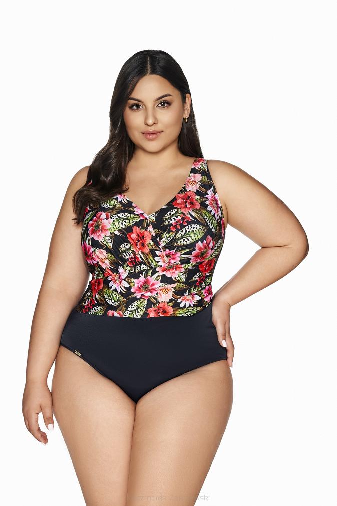 Strój kąpielowy jednoczęściowy padded SKJ 60 czarny w kwiatowy wzór