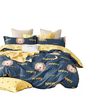 Pościel dla dzieci 160x200 granatowa żółta wesołe lwy + gwiazdki