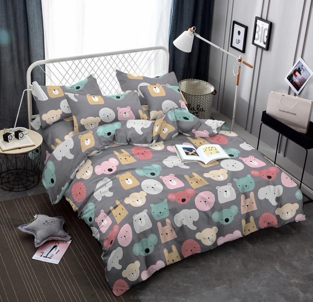 Komplet pościeli dwustronnej 140x200 grafitowa kreskówkowe zwierzęta