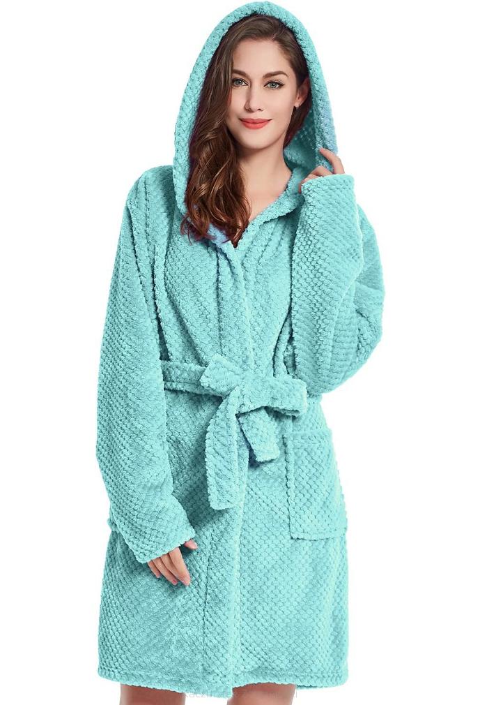 Szlafrok damski turkusowy z kapturem i kieszeniami