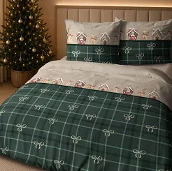 Pościel satynowa świąteczna Home Satin 180x200 zielona beżowa w domki, kokardy i kratkę