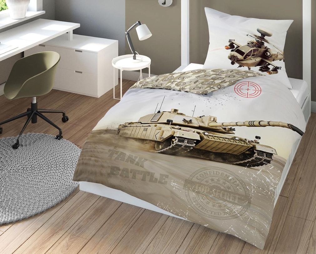 Pościel dla dzieci 160x200 biała oliwkowa czołg helikopter