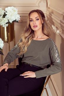 Bluzka damska o kroju nietoperza z długim rękawem z wstawkami z koronki Becky khaki