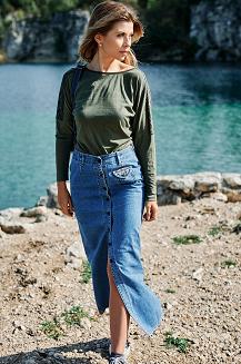 Bluzka damska o kroju nietoperza z długim rękawem z wstawkami z koronki Becky khaki