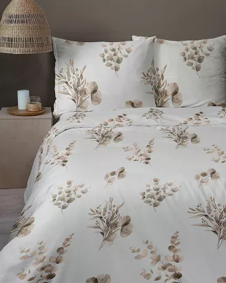 Pościel satynowa Home Satin 180x200 biała w beżowe gałązki eukaliptusa