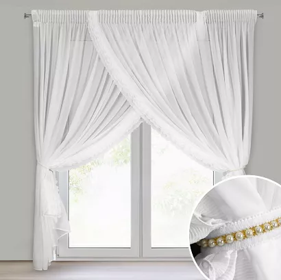 Firana gotowa na taśmie LUISA 400x250 Eurofirany biała z falbanami i dekoracyjnym troczkiem