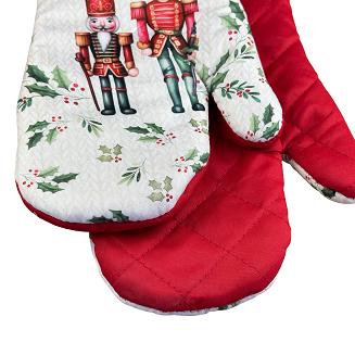 Rękawice kuchenne 18x27 z magnesem 2 szt. świąteczne białe czerwone dziadek do orzechów