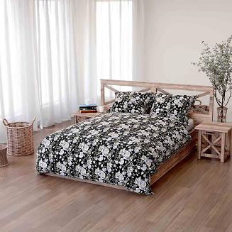 Pościel bawełniana PEONY DARK 200x220 czarna fioletowo-białe peonie