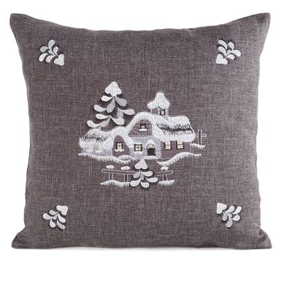Poszewka dekoracyjna świąteczna 45x45 Eurofirany stalowa srebrna haftowana śnieżny krajobraz chatka