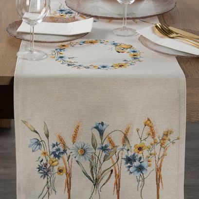 Bieżnik dekoracyjny gobelin 45x140 Eurofirany naturalny niebieskie kwiaty kłosy zboża