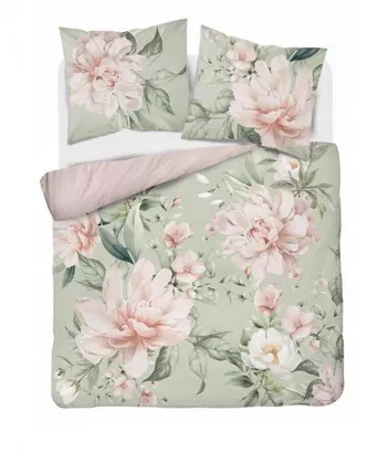 Pościel 3D z mikrofibry 220x200 oliwkowa różowa kwitnące peonie piwonie