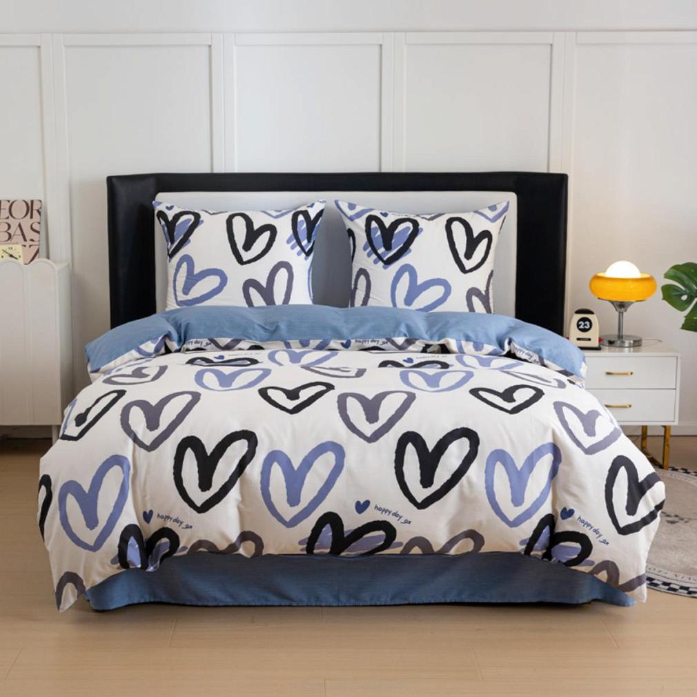 Pościel satynowa 160x200 ekri niebieska serca napisy