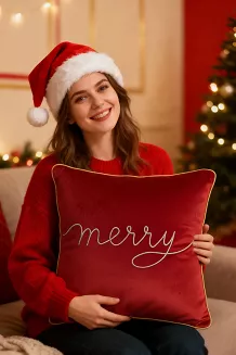 Poszewka dekoracyjna Merry 45x45 welurowa czerwona ze złotym haftem i lamówką
