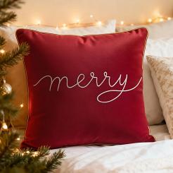 Poszewka dekoracyjna Merry 45x45 welurowa czerwona ze złotym haftem i lamówką