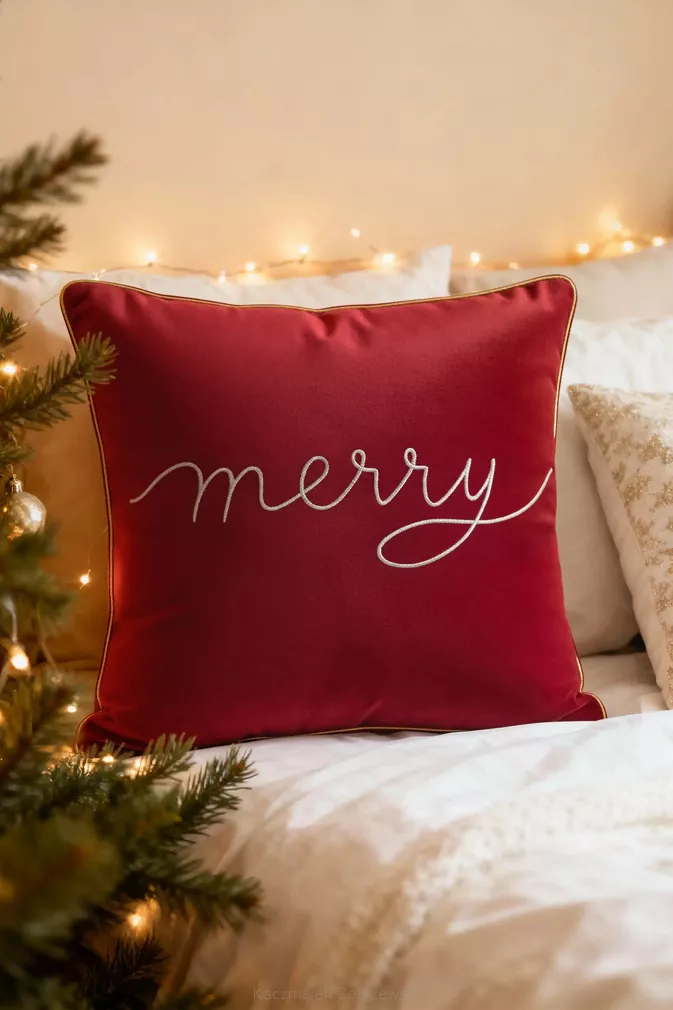 Poszewka dekoracyjna Merry 45x45 welurowa czerwona ze złotym haftem i lamówką