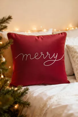 Poszewka dekoracyjna Merry 45x45 welurowa czerwona ze złotym haftem i lamówką