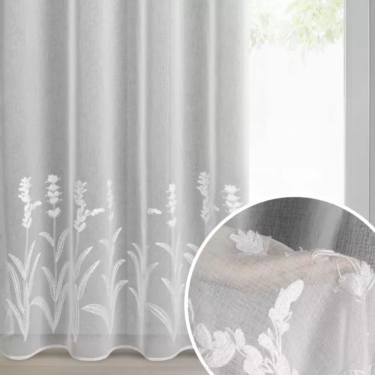 Firana gotowa na przelotkach TONYA 140x250 Eurofirany biała z etaminy haft roślinny szałwia