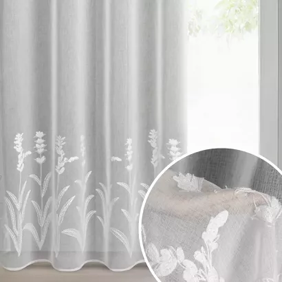 Firana gotowa na przelotkach TONYA 140x250 Eurofirany biała z etaminy haft roślinny szałwia