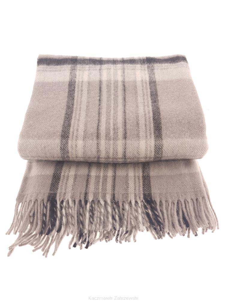 Koc wełniany z frędzlami 160x200 kremowy czarny w kratę