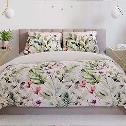 Komplet pościeli PARADIS z bawełny satynowej 220x200 biała zielona różowa egzotyczny ogród