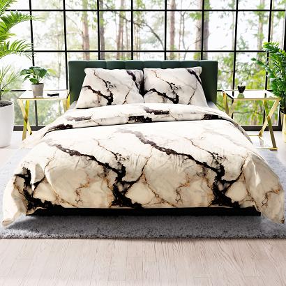 Komplet pościeli z bawełny satynowej LUSARIA 220x200 kremowa czarna a'la marmur