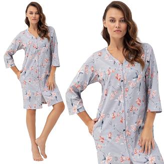 Szlafrok damski LUNA kod 392 szary różowe kwiaty