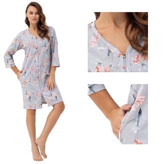 Szlafrok damski LUNA kod 392 szary różowe kwiaty