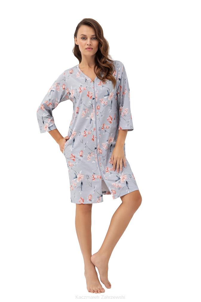 Szlafrok damski LUNA kod 392 szary różowe kwiaty