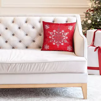 Poszewka dekoracyjna świąteczna 45x45 Eurofirany czerwona z haftem śnieżynki gwiazdki