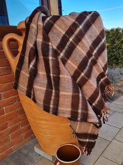 Koc wełniany z frędzlami 160x200 czekoladowa beżowa kratka