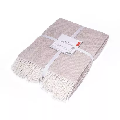 Koc bawełniany akrylowy Jacquard 220x200 beżowy żakardowy z frędzlami