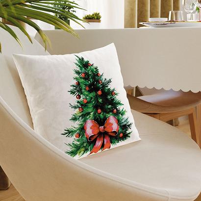 Poszewka dekoracyjna świąteczna CHOINKA Z KOKARDĄ  40x40 biała zielona czerwona welwetowa