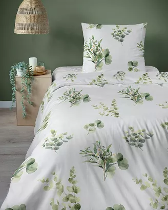 Pościel satynowa Home Satin 140x200 biała w zielone gałązki eukaliptusa
