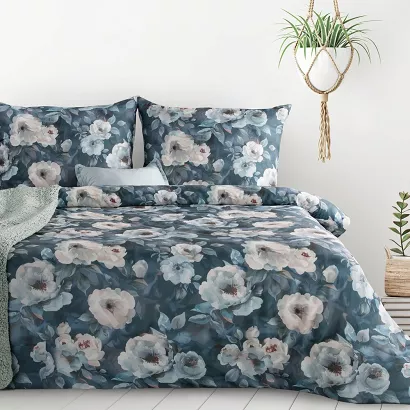 Pościel KIRA 160x200 Design91 ciemnogranatowa jasnoniebieska akwarelowe kwiaty