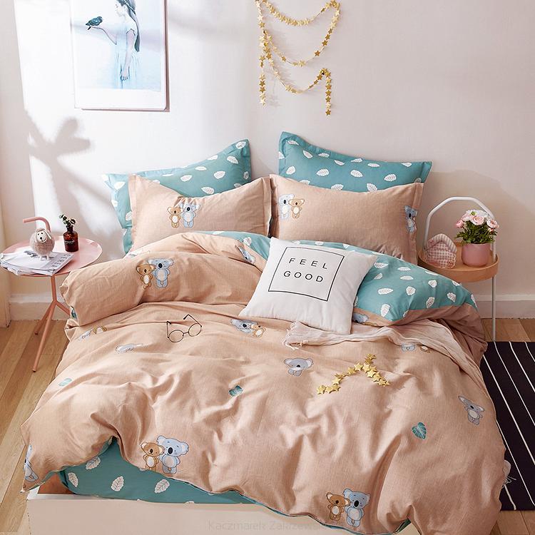 Pościel dla dzieci 160x200 beżoworóżowa turkusowa misie koala listki