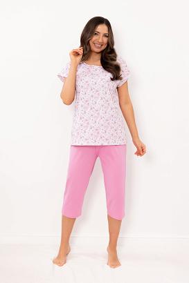 Piżama damska REGINA kod 4002 różowa t-shirt w kwiaty gładkie spodnie
