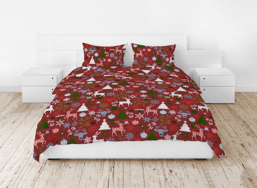 Pościel bawełniana świąteczna 160x200 wzór świąteczny mix czerwona