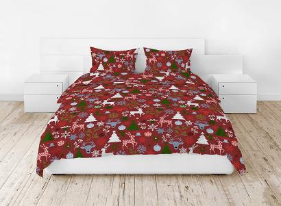 Pościel bawełniana świąteczna 160x200 wzór świąteczny mix czerwona