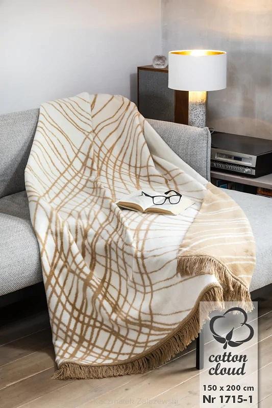 Koc bawełniano-akrylowy 150x200 kremowe beżowe asymetryczne linie